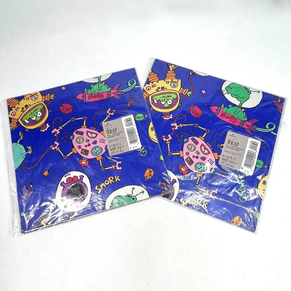 Two Vintage Hallmark Space Cartoon Wrapping Paper Sheets